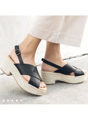 Soludos Amalfi Black Leather Espadrille Platforms
